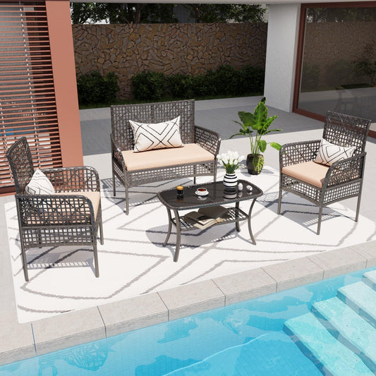 4 Pieces Outdoor Patio Furniture Set,PE Rattan Wicker Garden Conversation Chairs with Tempered Glass Table and Soft Cushions for Backyard Pool or Lawn