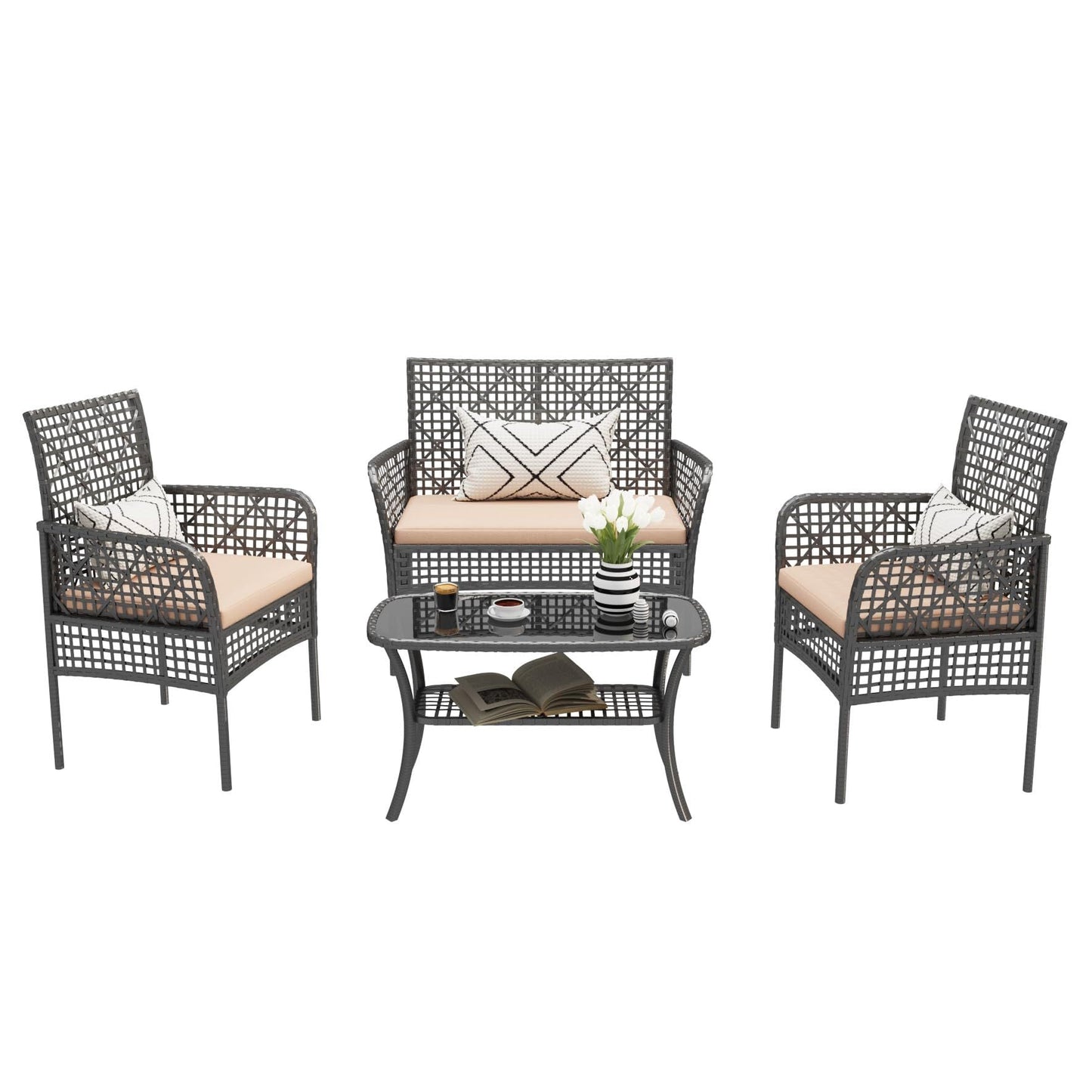 4 Pieces Outdoor Patio Furniture Set,PE Rattan Wicker Garden Conversation Chairs with Tempered Glass Table and Soft Cushions for Backyard Pool or Lawn