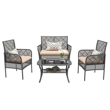 4 Pieces Outdoor Patio Furniture Set,PE Rattan Wicker Garden Conversation Chairs with Tempered Glass Table and Soft Cushions for Backyard Pool or Lawn
