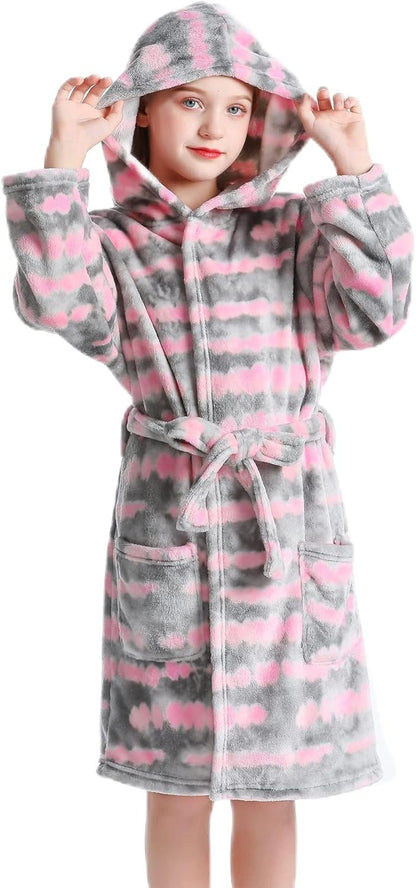 Girls Hooded Fleece Bathrobe - Soft Plush Warm Robe for Kids 3-14 Years