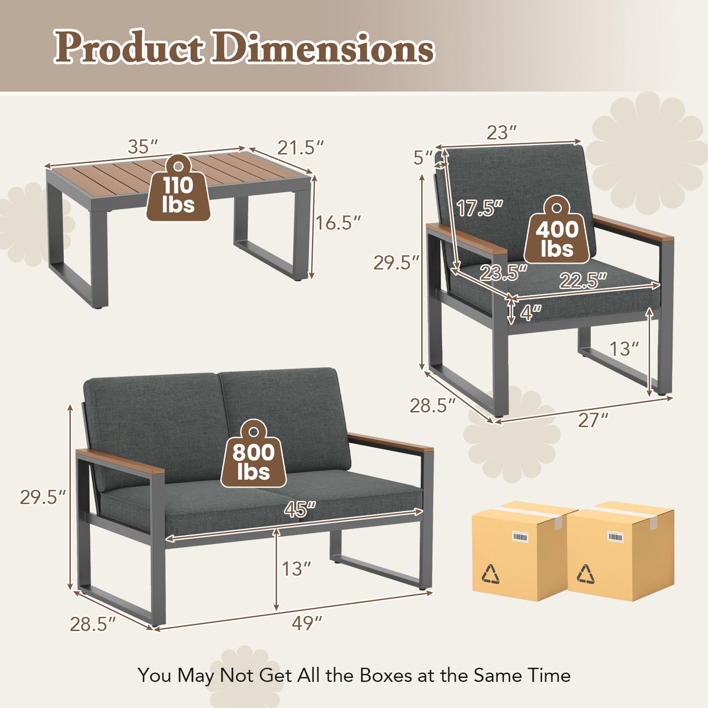 4 Piece Patio Aluminum Furniture Set with Armrests and Tabletop-Gray