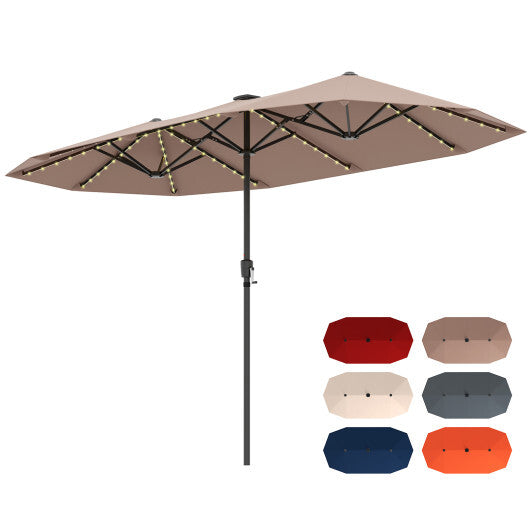 13 FT Large Patio Umbrella with LED Solar Lights and Crank Handle-Beige