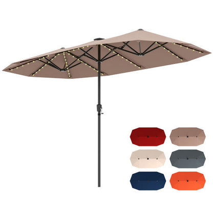 13 FT Large Patio Umbrella with LED Solar Lights and Crank Handle-Beige