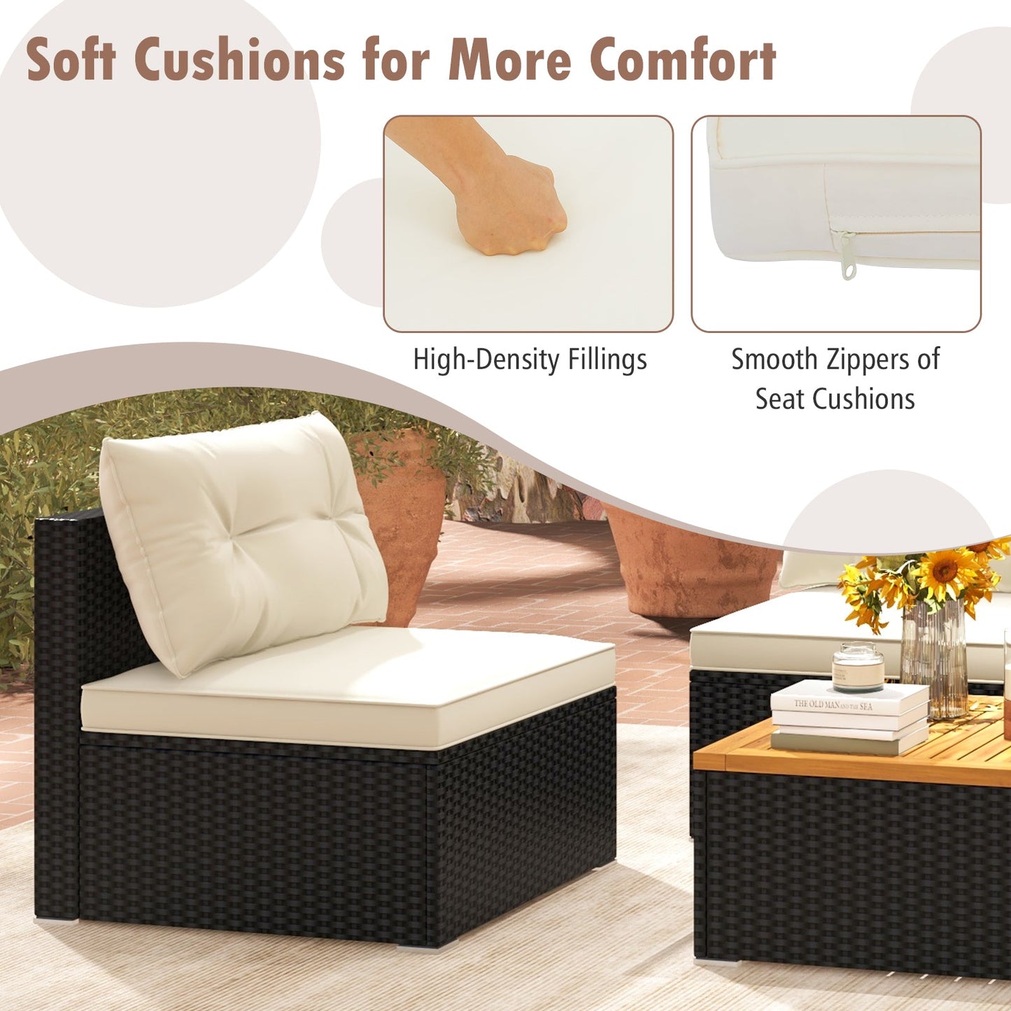 5 Piece Outdoor Furniture Set with Solid Tabletop and Soft Cushions-Off White