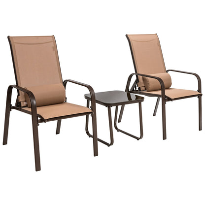 3 Pieces Patio Bistro Furniture Set with Adjustable Backrest-Brown