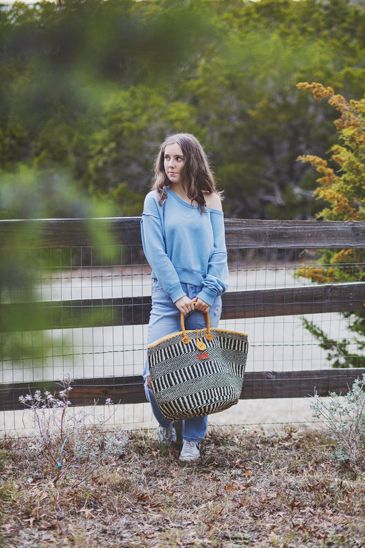 Timeless Quality Striped Handwoven Straw Tote Basket