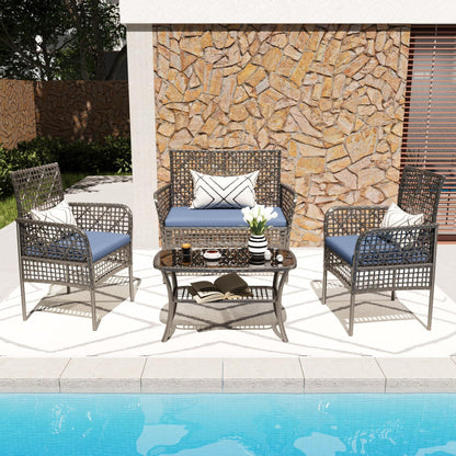 4 Pieces Outdoor Patio Furniture Set,PE Rattan Wicker Garden Conversation Chairs with Tempered Glass Table and Soft Cushions for Backyard Pool or Lawn