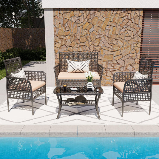 4 Pieces Outdoor Patio Furniture Set,PE Rattan Wicker Garden Conversation Chairs with Tempered Glass Table and Soft Cushions for Backyard Pool or Lawn
