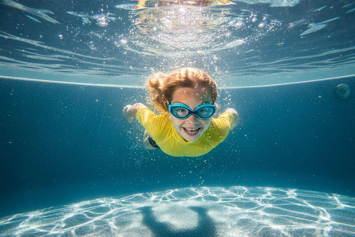 closeup of kid with goggles diving underwater in a crystal clear pool with light filtering all around