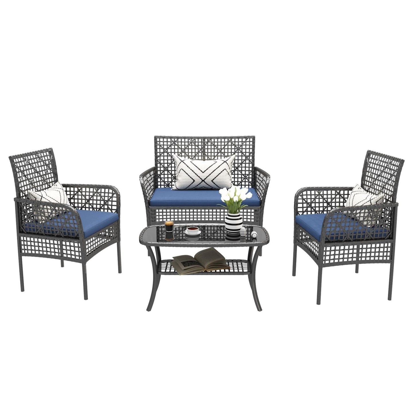 4 Pieces Outdoor Patio Furniture Set,PE Rattan Wicker Garden Conversation Chairs with Tempered Glass Table and Soft Cushions for Backyard Pool or Lawn
