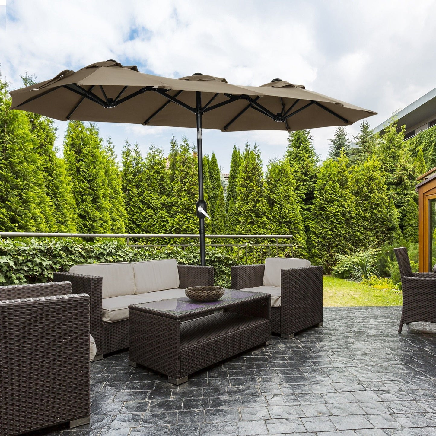 Outsunny Double-sided Patio Umbrella 9.5' Large Outdoor Market Umbrella with Push Button Tilt and Crank, 3 Air Vents and 12 Ribs, for Garden, Deck, Pool, Gray